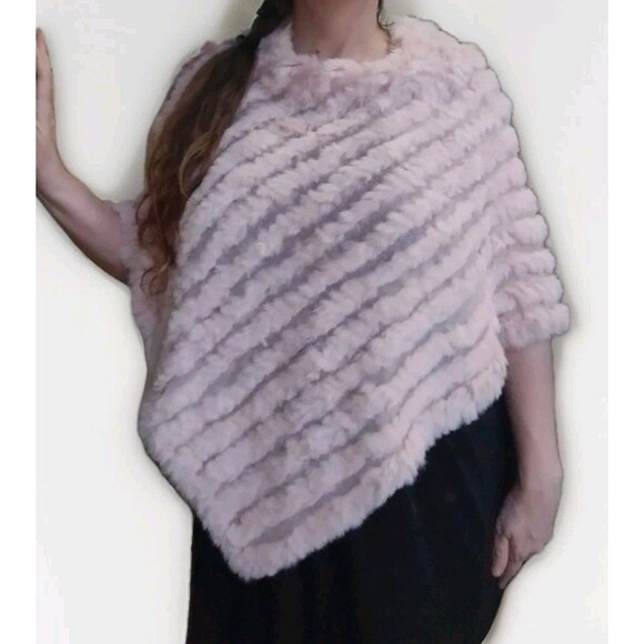 Christopher & Banks Rabbit Fur & Knit Light Pink Poncho Shawl Sweater One Size - Picture 2 of 12